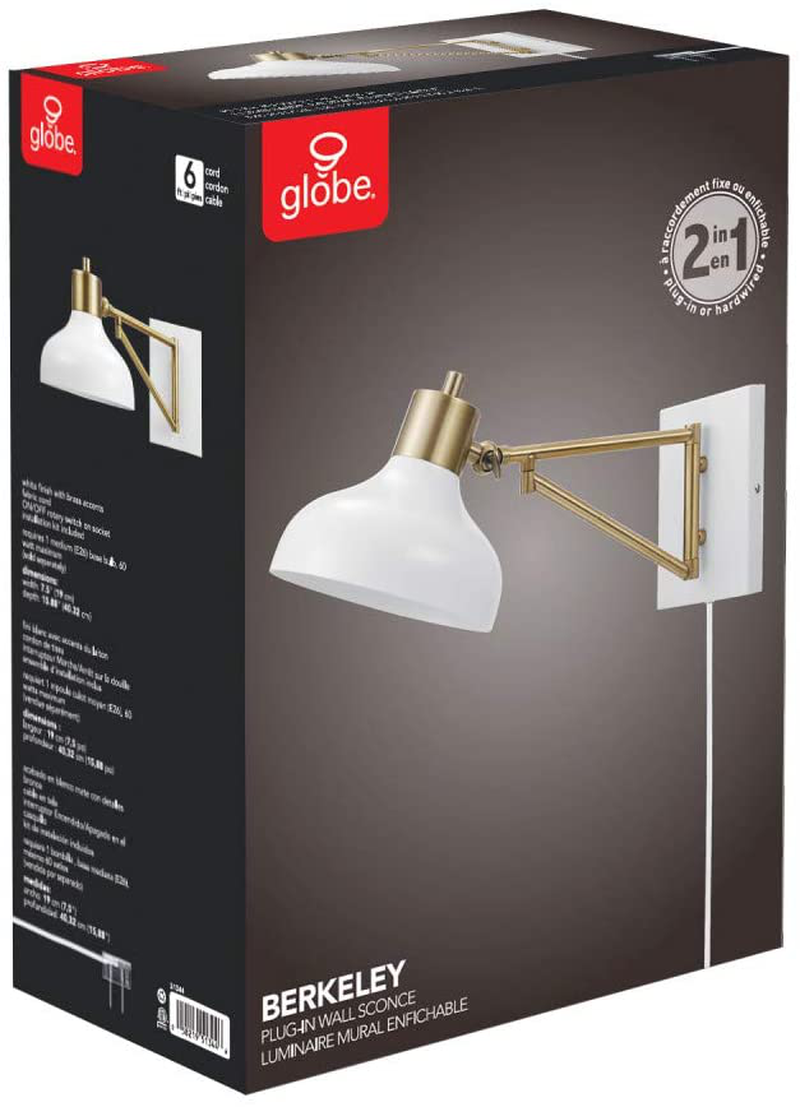 Globe Electric Berkeley 1-Light Plug-In or Hardwire Swing Arm Wall Sconce, Brass Accents, White Cloth Cord 51344, 5.75" Home & Garden > Lighting > Lighting Fixtures > Wall Light Fixtures KOL DEALS   