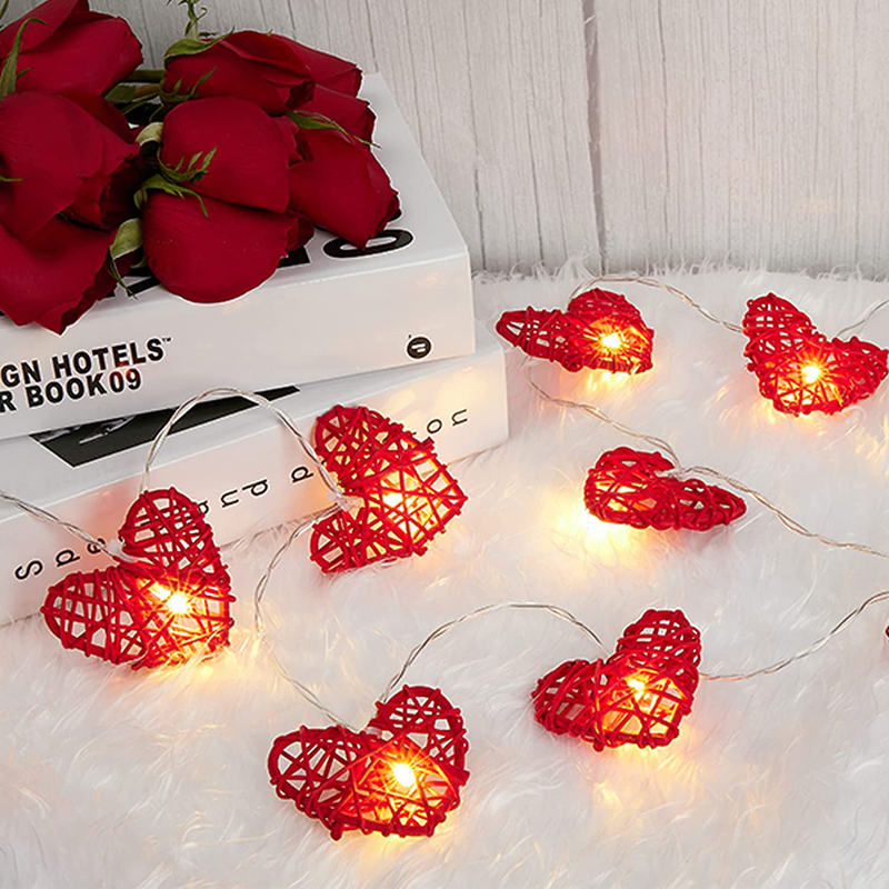 HOOJO 10.5FT Valentines Day Lights Decorations, 20 LED Rattan Heart String Lights, Copper Wire Battery Operated Twinkle Lights with 2 Modes for Bedroom, Wedding, Anniversary, Indoor Outdoor Decor