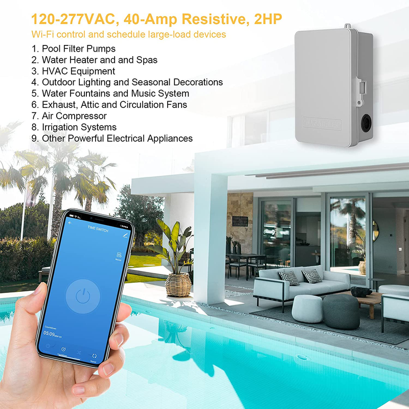 Suraielec WiFi Pool Timer, Outdoor Indoor Smart Switch, 40 AMP, 2HP, 120, 240, 277 VAC, Heavy Duty Pool Controller Light Timer Box for Pool Pump, Water Heater, Spa, Powerful Electrical Appliances