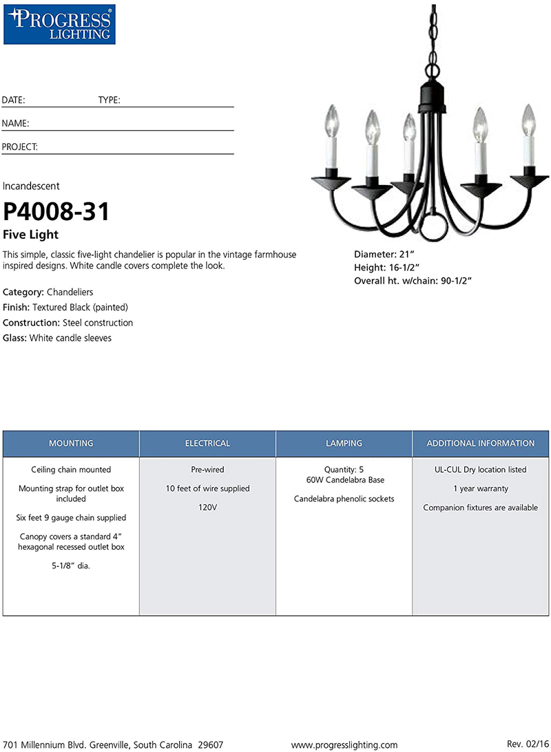 Progress Lighting P4008-31 Five Light Chandeliers, 21-Inch Diameter X 16-Inch Height, Black