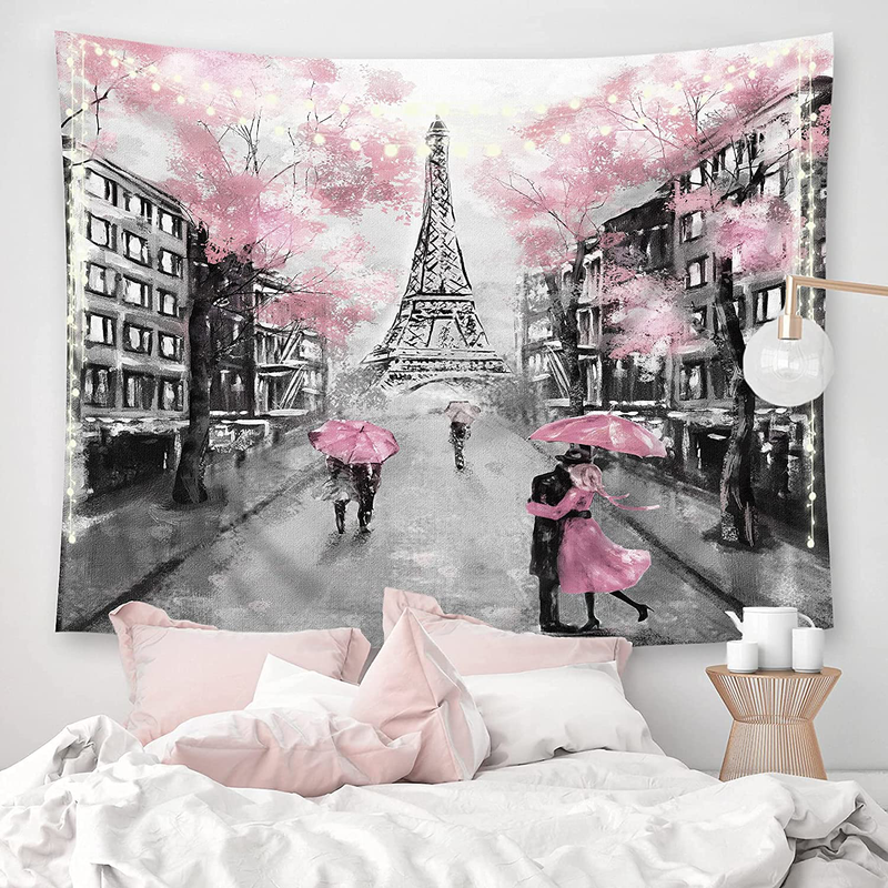 Riyidecor Pink Paris Eiffel Tower Tapestry for Living Room Wall Decor 51Hx59W Inch Paris Theme Backdrop Wall Hanging for Girls Women Vintage Romantic French Scenery Lover Couple Home Bedroom WW-PAVT Home & Garden > Decor > Artwork > Decorative Tapestries Riyidecor   
