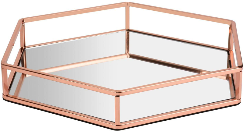 Hexagon Glossy Rose Gold Metal and Mirror Decorative Glass Tray, Perfect Storage Organizer Ottoman Coffee Table Serving Vanity Tray for All Occasions (Rose Gold, 13.813.82.2 inch) Home & Garden > Decor > Decorative Trays M-hiccup Rose Gold 13.8*13.8*2.2 inch 