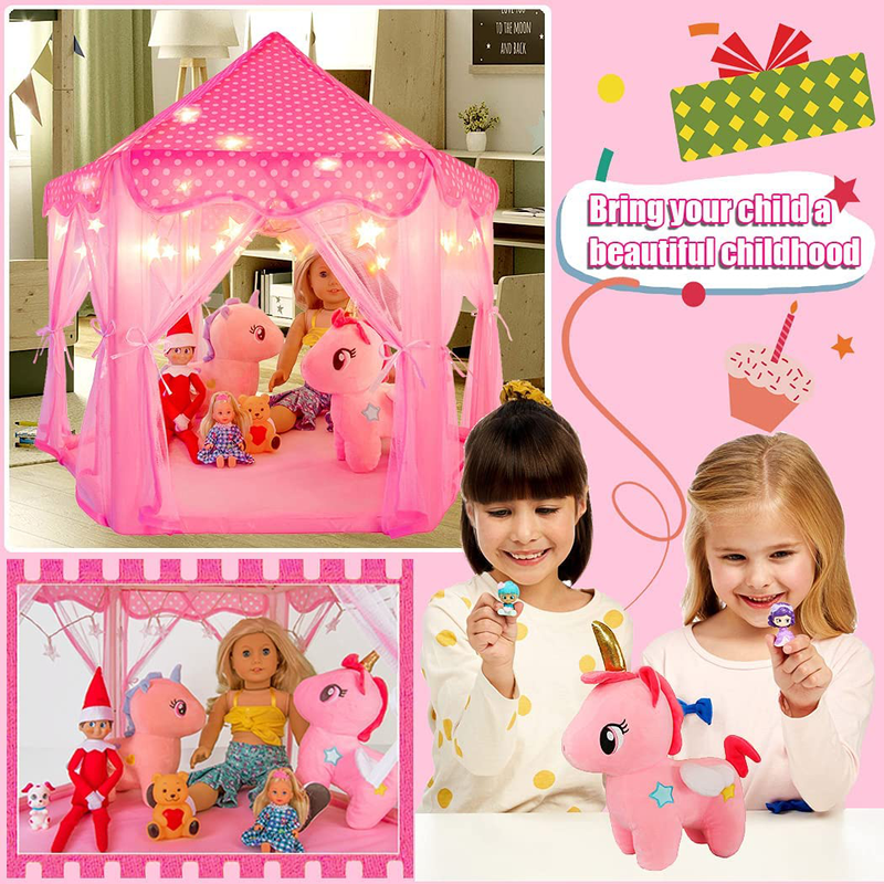 Ebuddy Little World 18" Baby Doll House Camping Tent Accessories Set Pink Princess Castle Portable Playhouse with Unicorn Doll Star LED Lights for 10-18 Inch Dolls