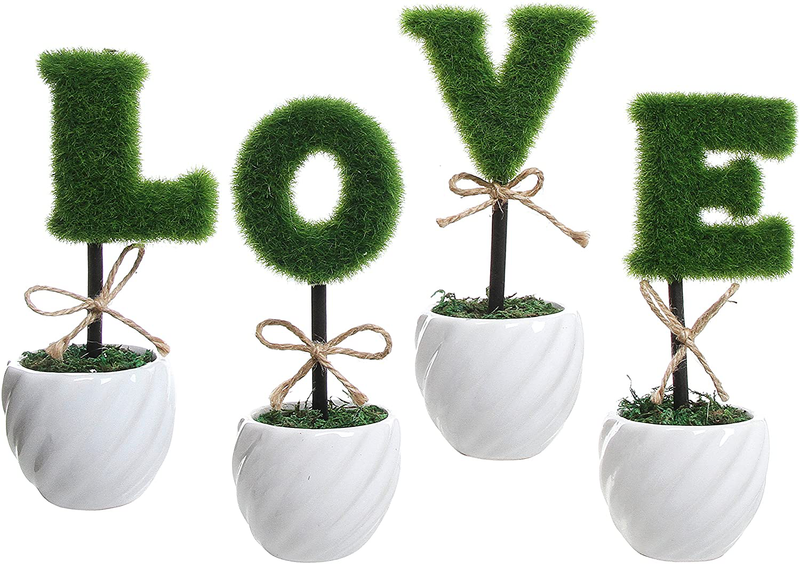 Mygift Set of 4 Decorative Artificial Sculpted Topiary Hedge Planter with Lettering That Spell Love in White Ceramic Pots Home & Garden > Decor > Seasonal & Holiday Decorations MyGift White  