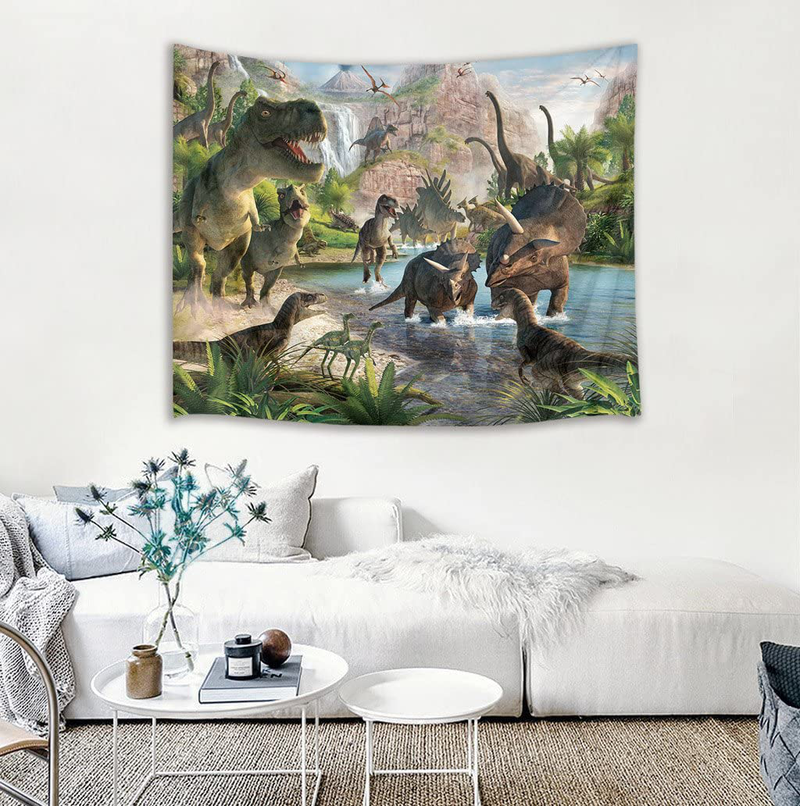 HVEST Jurassic Dinosaur Tapestry Wild Ancient Predator Animal Wall Hanging Tropical Forest with Green Trees and Mountain Wall Tapestries for Bedroom Living Room Dorm Party Wall Decor,60Wx40H inches Home & Garden > Decor > Artwork > Decorative Tapestries HVEST   