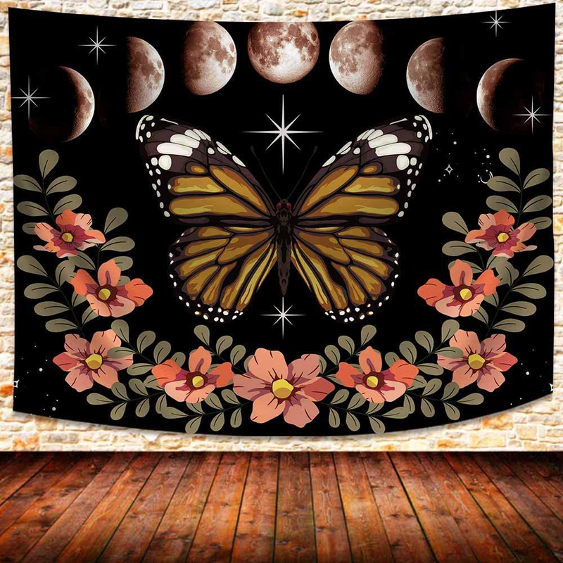 Moonlit Garden Tapestry, Moon Phase Tapestries Butterfly Flower Vine Tapestry Wall Hanging for for Bedroom Living Room Dorm Office Bed Cover 80X60 Inches GTZYUH201 Home & Garden > Decor > Artwork > Decorative Tapestries UHOMETAP 93x71Inches  