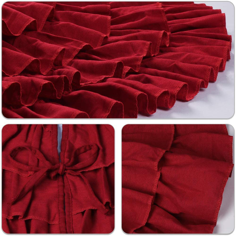 Meriwoods Ruffled Burlap Christmas Tree Skirt 48 Inch, Large Natural Linen Tree Collar, Country Rustic Indoor Xmas Decorations, Burgundy Red Home & Garden > Decor > Seasonal & Holiday Decorations > Christmas Tree Skirts Meriwoods   