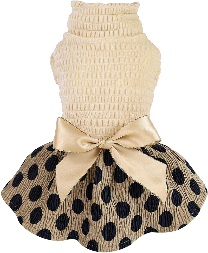 Fitwarm Vintage Polka Dot Dog Dress Lightweight Velvet Girl Puppy Clothes Turtleneck One-Piece with Bowknot Pet Clothes for Birthday Party Doggy Gown Doggie Outfits Cat Apparel Animals & Pet Supplies > Pet Supplies > Dog Supplies > Dog Apparel Fitwarm   