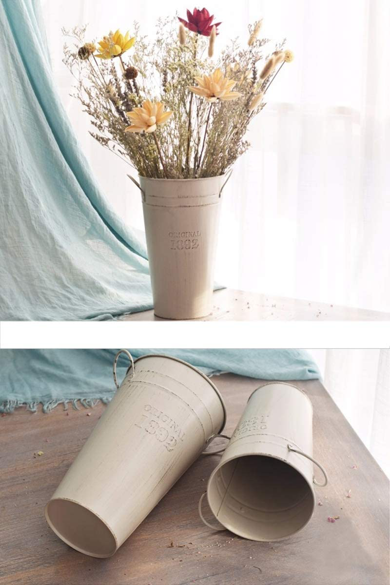 LESEN 12 Inch Vintage Metal Galvanized Flower Vase - Set of 2 - Farmhouse French Bucket - Table Centerpiece Rustic Home Decor for Fresh and Dried Floral Arrangements for Home and Weddings Home & Garden > Decor > Vases LESEN   