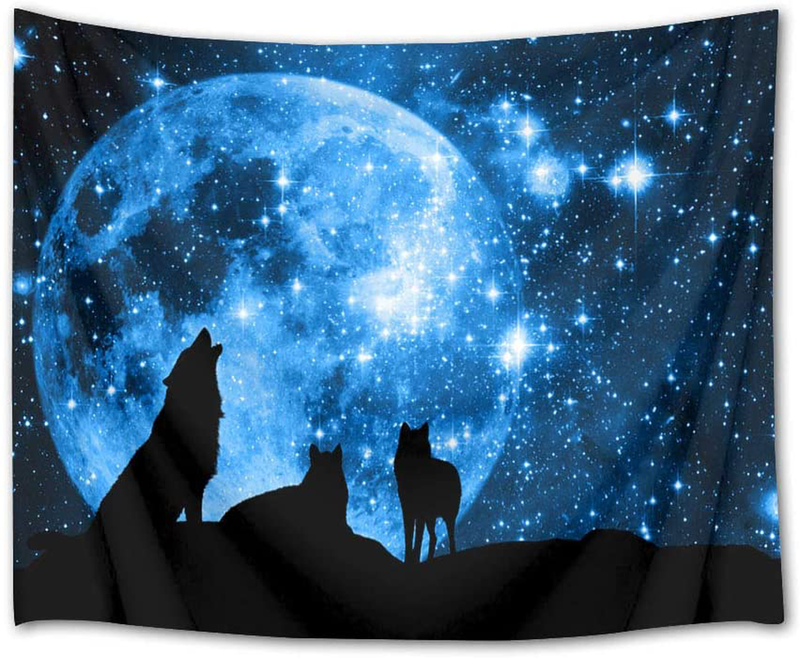 HVEST Wolf Tapestry Wild Animal Tapestry Wall Hanging Moon in Blue Psychedelic Space Tapestries Wall Decor Cool Tapestry for Kids Bedroom Living Room Dorm Party ,60Wx40H inches Home & Garden > Decor > Artwork > Decorative Tapestries HVEST 60" X 40"  