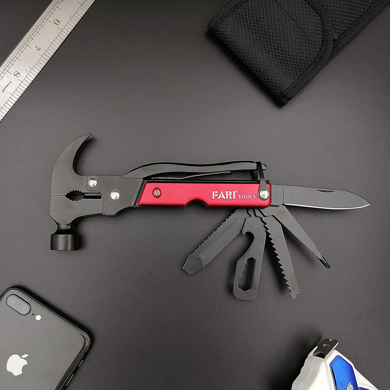 Multitool 15 in 1 Camping Gear, FARI Stainless Steel Handy Survival Multi Tool Gifts for Men and Dad with Claw Hammer Knife Saw Plier Screwdrivers Bottle Opener Durable Sheath