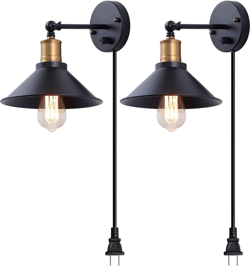 Plug in Wall Sconce Black Wall Light Fixtures with Switch,Wall Lights for Bedroom Living Room Bathroom,Industrial Wall Light Fixture Indoor,Swing Arm Wall Lamp Headboard Wall Sconces Set of Two