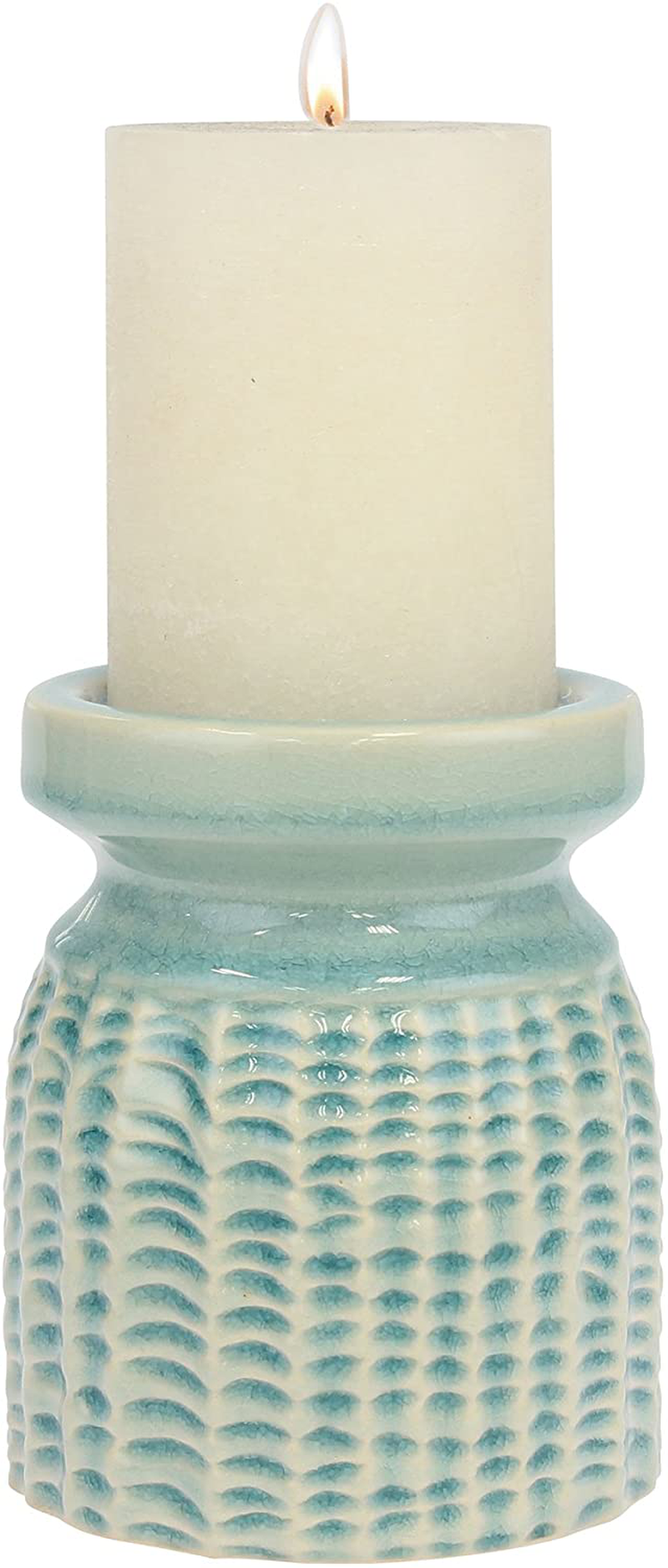 Stonebriar Decorative Textured Pale Ocean Ceramic Pillar Candle Holder, Coastal Home Decor Accents, Beach Inspired Design for the Living Room, Bathroom, or Bedroom of your Seaside Cottage Decor