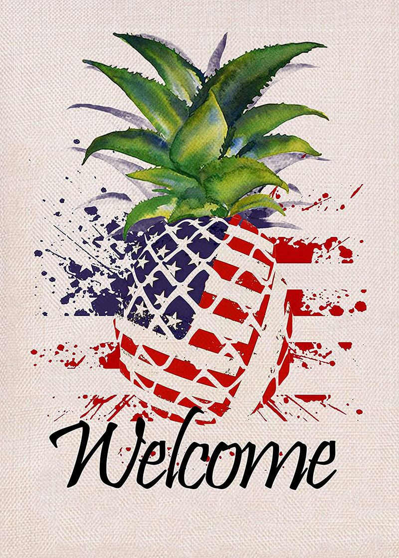 Covido Home Decorative Welcome House Flag, Spring Summer USA Garden Yard Lawn Pineapple Decor, July 4th American Patriotic Outside Decoration Seasonal Outdoor Large Burlap Flag Double Sided 12 x 18 Home & Garden > Decor > Seasonal & Holiday Decorations& Garden > Decor > Seasonal & Holiday Decorations Covido 12×18  
