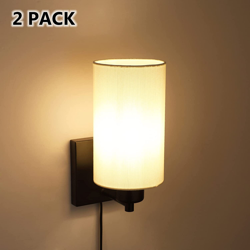 KOONTING Plug in Wall Sconce Set of 2, Beige Fabric Shade Wall Lamp with Plug in Cord and On/Off Toggle Switch, Morden Wall Light Fixture for Headboard Bedroom Living Room (Beige)
