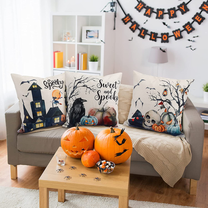 HOLICOLOR Halloween Throw Pillow Covers 18x18 Inch Set of 4 Halloween Decorations Farmhouse Watercolor Blue and Orange Pumpkin Lantern Castle Pillowcase Linen Cushion Case for Sofa and Home Decor Arts & Entertainment > Party & Celebration > Party Supplies HOLICOLOR   
