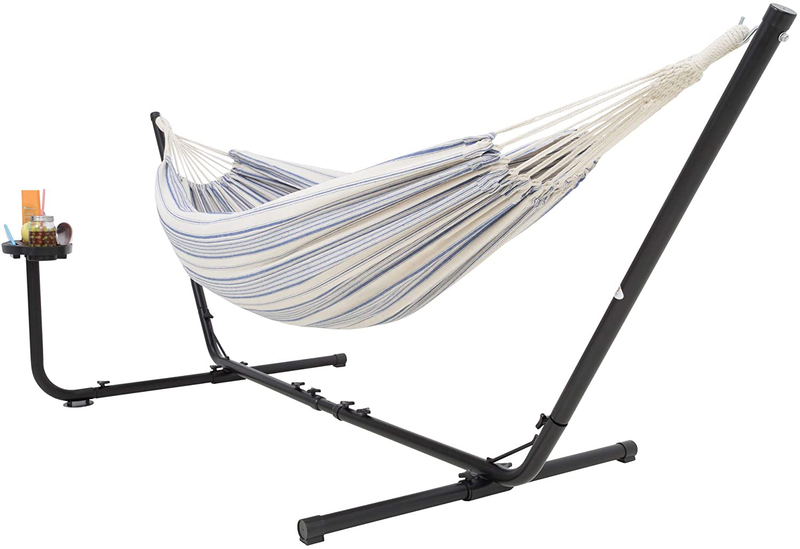 Hammock with Stand with Cupholder & Carrying Bag, 2 Person Hammock, Heavy Duty 450 Pound Capacity, Indoor & Outdoor Hammock: Patio, Pool, Balcony, Backyard (Beige) Home & Garden > Lawn & Garden > Outdoor Living > Hammocks VITA5 White/Blue  
