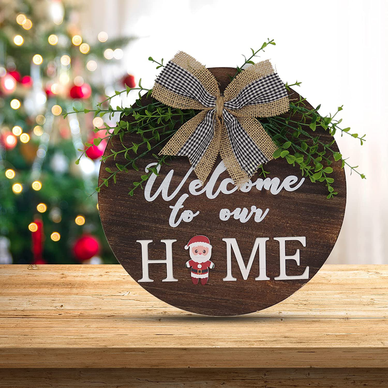 Seasonal Interchangeable Welcome Sign for Front Door Decor, Perfect for Christmas Day Thanks Giving Day, Wood round Wreath with Buffalo Plaid Bow 15 Pieces Hanging Ornaments Home & Garden > Decor > Seasonal & Holiday Decorations YUESUO   