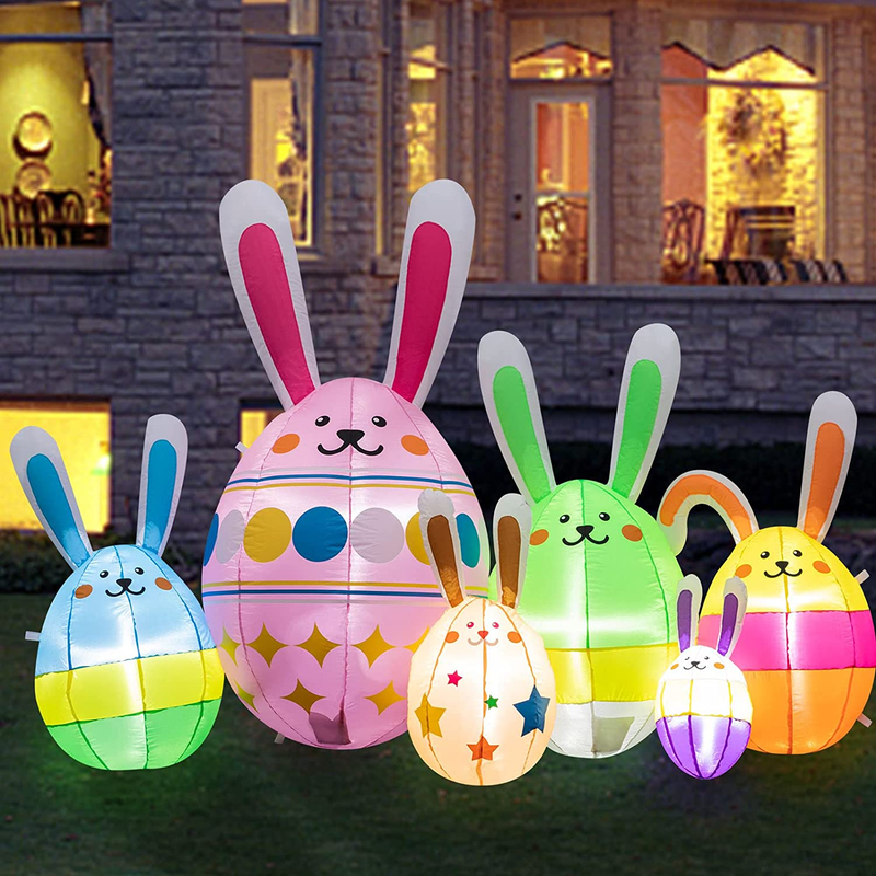 Easter Inflatable Outdoor Decorations 7 Ft Long Easter Egg Inflatable with Build-In Leds Blow up Inflatables for Easter Holiday Party Indoor, Outdoor, Yard, Garden, Lawn Decor (Easter Eggs)