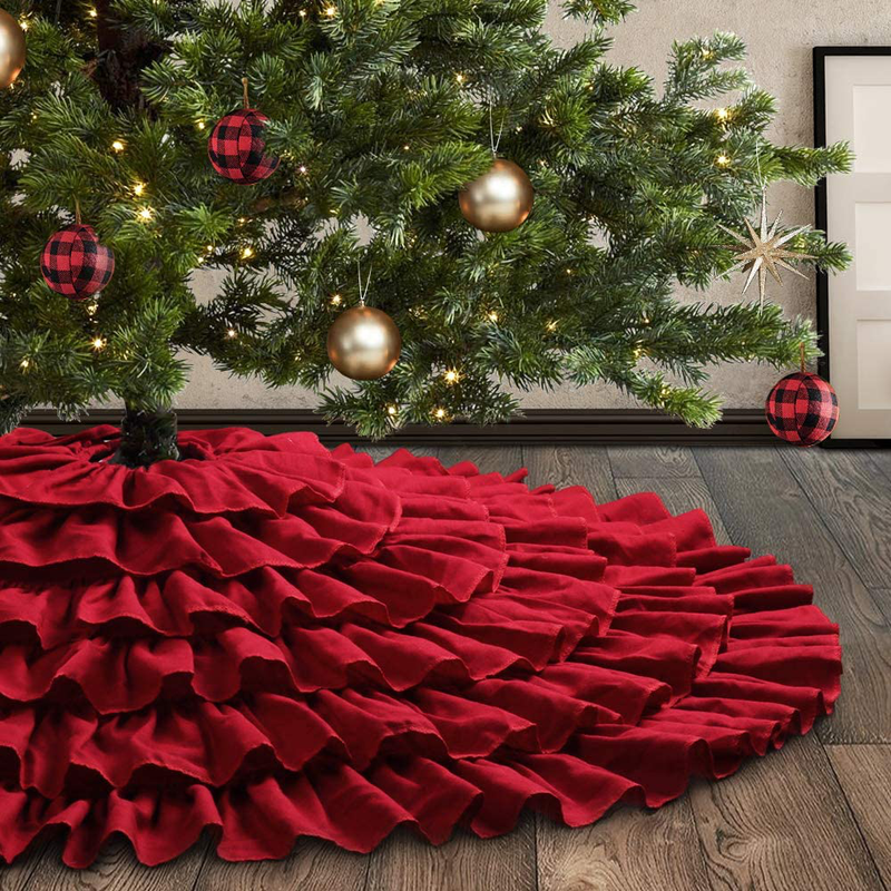 Meriwoods Ruffled Burlap Christmas Tree Skirt 48 Inch, Large Natural Linen Tree Collar, Country Rustic Indoor Xmas Decorations, Burgundy Red