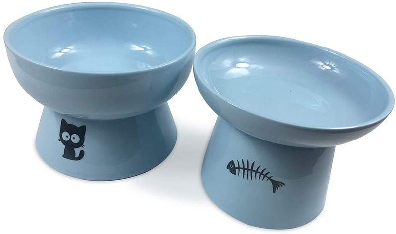 FOREYY Raised Cat Food and Water Bowl Set, Elevated Ceramic Cat Feeder Bowls with Anti Slip Band, Porcelain Pet Dish with Stand, Stress Free, Backflow Prevention, Dishwasher and Microwave Safe Animals & Pet Supplies > Pet Supplies > Cat Supplies YY FOREYY Blue  