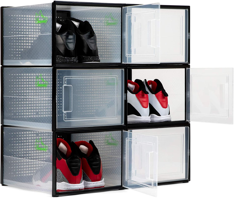 SHOEPREEM BLACK XL 6 Pack - 14.6 Inches Long for BIG Shoes & Sneakers, Shoe Storage Organizer, Shoe Storage Boxes, Shoe Box Clear Plastic Stackable, Shoe Containers, Shoe Organizer for Closet
