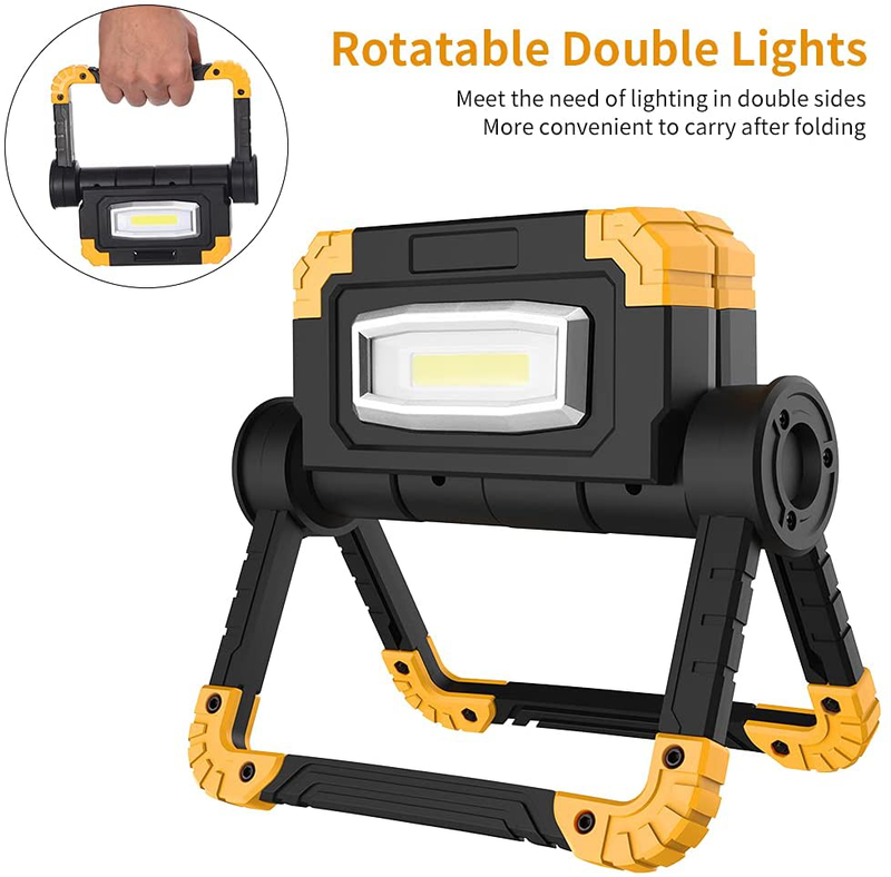 LED Work Light Rechargeable Portable - 360°Rotation Folding Hyper Tough Working Lamp with 2 COB 2000Lumens Flood Light Stand USB Cordless Battery Powered Worklight Tool for Outdoor Camping Lighting