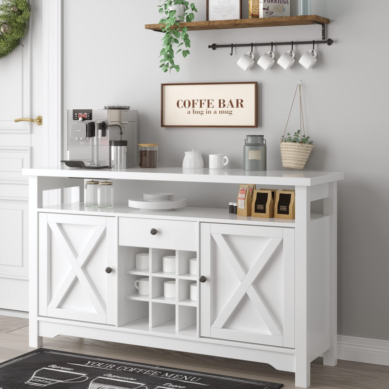 Farmhouse Coffee Bar Cabinet, 47” Kitchen Buffet Storage Cabinet Rustic Sideboard Buffet Barn Door Drawer Open Shelf for Kitchen, Dining Room, Living Room 47" X 16" X 32"(Grey Wash) Home & Garden > Kitchen & Dining > Food Storage Catrimown White  
