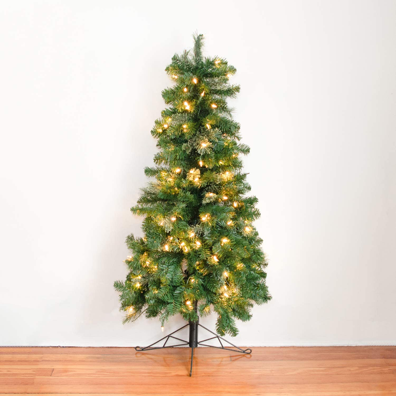 Home Heritage 7 Foot Pre-Lit Artificial Half Pine Christmas Tree with Warm White LED Lights and Folding Stand