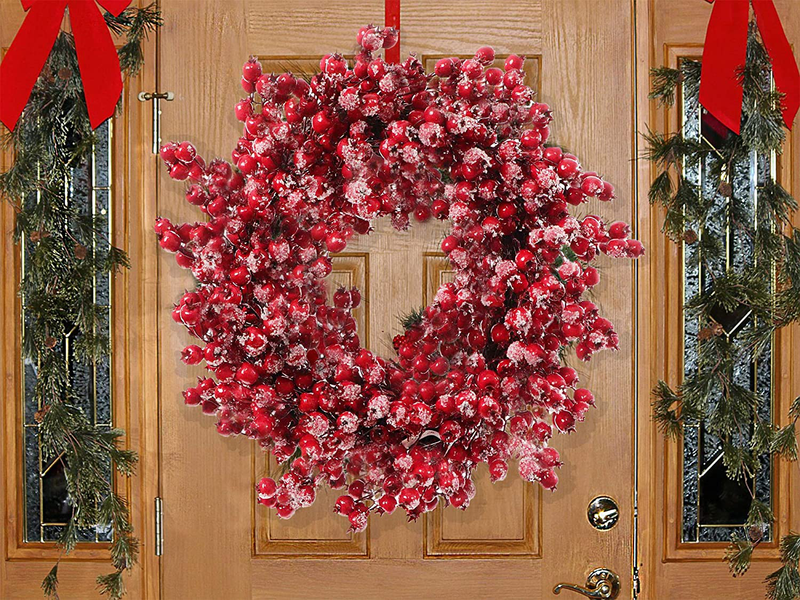 Larksilk 22" Red Frosted Berry Wreath; 22-Inch Iced Hawthorn Twig Berries Holiday Decorative Winter Christmas Wreath for Front Door, Fireplace, Mantel, Xmas Décor