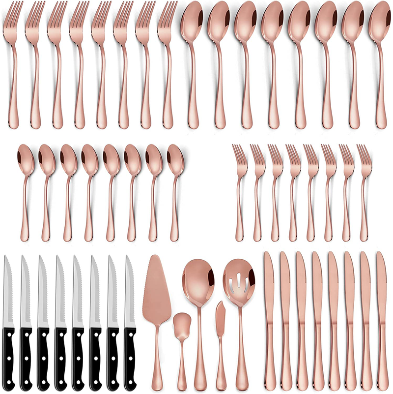 LIANYU 53-Piece Silverware Set with Steak Knives and Serving Utensils, Stainless Steel Flatware Cutlery Set Service for 8, Eating Utensil Set for Home Party Wedding, Dishwasher Safe, Mirror Finished Home & Garden > Kitchen & Dining > Tableware > Flatware > Flatware Sets LIANYU Copper 53 