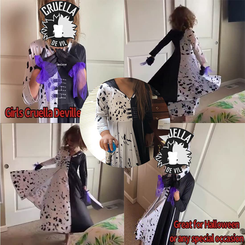 Kids Teens Girls Cruella Deville Costume Halloween Fashion Cloak Cosplay Dress with Gloves Age 5-15 Apparel & Accessories > Costumes & Accessories > Costumes Fayyyykids   