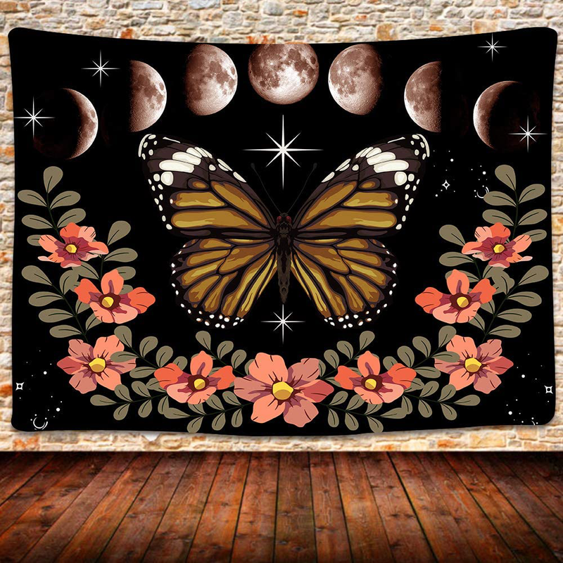 Moonlit Garden Tapestry, Moon Phase Tapestries Butterfly Flower Vine Tapestry Wall Hanging for for Bedroom Living Room Dorm Office Bed Cover 80X60 Inches GTZYUH201 Home & Garden > Decor > Artwork > Decorative Tapestries UHOMETAP 80x60Inches  