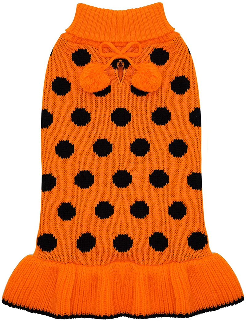KYEESE Dog Sweater Dress Turtleneck Polka Dot Dog Sweaters with Leash Hole Knitwear Warm Pet Sweater with Pom Pom Ball Animals & Pet Supplies > Pet Supplies > Dog Supplies > Dog Apparel KYEESE Polkadot (Orange) XX-Large (Pack of 1) 
