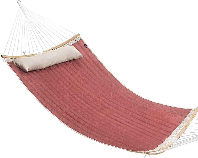 SONGMICS Hammock, Padded Double Hammock, Quilted Hammock with Hanging Straps, Detachable Curved Spreader Bars, Pillow, 78.7 x 55.1 Inches, Load Capacity 495 lb, Blue and Beige UGDC034I01 Home & Garden > Lawn & Garden > Outdoor Living > Hammocks SONGMICS Burgundy, Beige  
