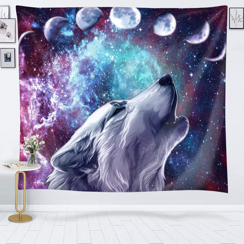 JOYSOG Wolf Tapestry Wall Hanging Galaxy Wolves in Starry Night Wall Decor Tapestry Space Moon Phase Tapestries for Bedroom Living Room - 60" x 50" Home & Garden > Decor > Artwork > Decorative Tapestries JOYSOG 80" x 60"  