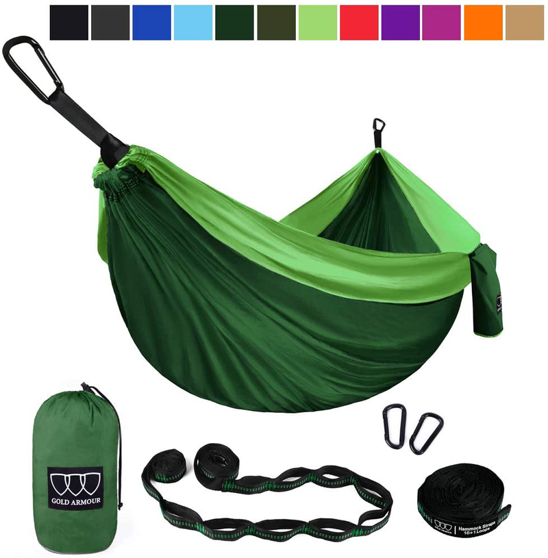 Gold Armour Camping Hammock - Extra Large Double Parachute Hammock USA Based Brand Lightweight Nylon Adults Teens Kids, Camping Accessories Gear (Sky Blue and Gray) Home & Garden > Lawn & Garden > Outdoor Living > Hammocks Gold Armour Green  