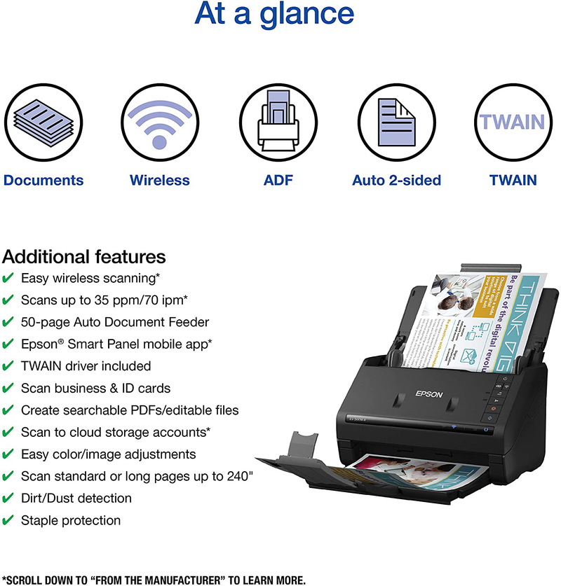 Epson Workforce ES-500W II Wireless Color Duplex Desktop Document Scanner for PC and Mac, with Auto Document Feeder (ADF) and Scan from Smartphone or Tablet Electronics > Print, Copy, Scan & Fax > Printers, Copiers & Fax Machines Epson   
