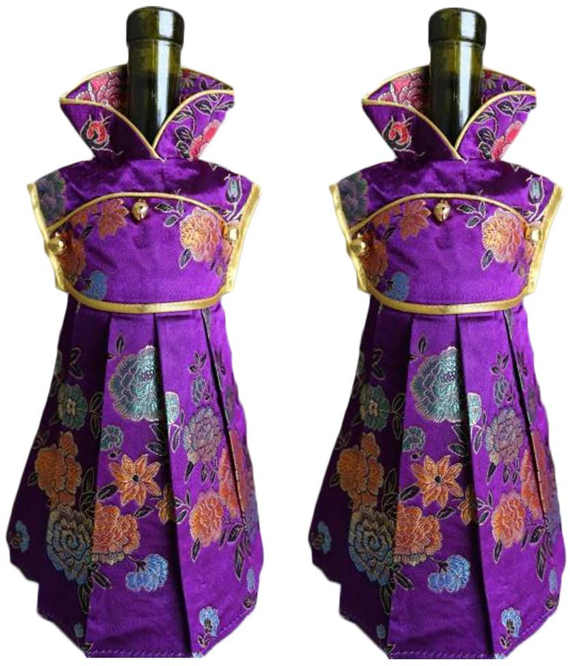 OOCC 2Pcs Chinese Brocade Dress Wine Bottle Cover China Dress Cheongsam Wine Bags Champagne Bags for Party Christmas Decorations Hotel Bar Kitchen Table Decor (Red-F) Home & Garden > Decor > Seasonal & Holiday Decorations& Garden > Decor > Seasonal & Holiday Decorations OOCC Purple  