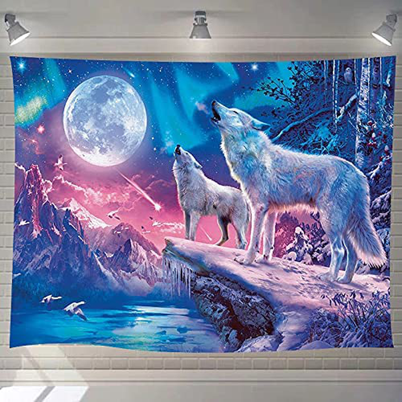 DBLLF Cool Wolf Tapestry Fantasy Animals Moon Tapestry for Boys Men Bedroom Colorful Aesthetic Blue Galaxy Mountian Forest Tapestry 80”60” Flannel Large Art Tapestries for Living Room Dorm DBLS855 Home & Garden > Decor > Artwork > Decorative TapestriesHome & Garden > Decor > Artwork > Decorative Tapestries DBLLF 92.5Wx70.9L  