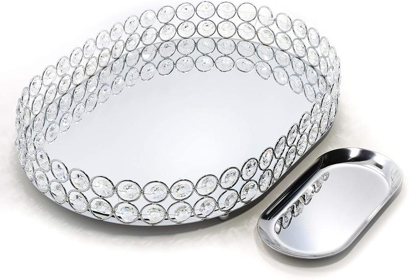 LINDLEMANN Mirrored Crystal Vanity Tray - Ornate Decorative Tray for Perfume, Jewelry and Makeup (Round, 10 inches, Silver)