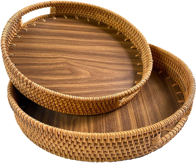Rattan Decorative Tray with Natural Wood - Coffee Table/ Ottoman Tray - Vanity Tray - Fruit Basket - Serving Tray (12+14 inch) Home & Garden > Decor > Decorative Trays Kordes 12+14 inch  
