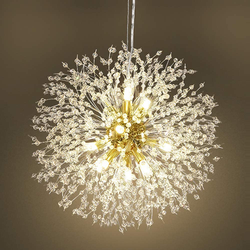 Qamra Modern Gold Crystal Chandeliers, Firework Dandelion Sputnik Chandelier Light Fixture Pendant Lighting for Dining Room, Bedroom, Bathroom, Kitchen, Living Room(9-Light, Gold)