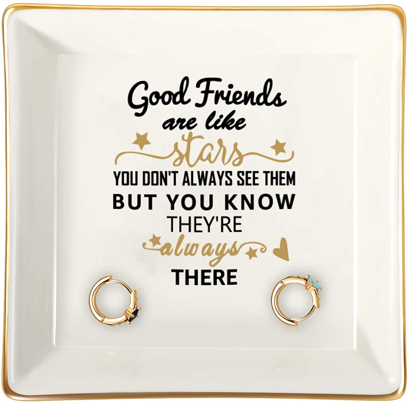 Gifts for Women Girls, Ceramic Ring Dish Decorative Trinket Plate Initial Jewelry Tray Dish, Mothers Day Valentines Gifts for Her Grandma Mom Daughter Sister Friend Birthday Home & Garden > Decor > Decorative Trays Giftjews Good friends are like stars...  
