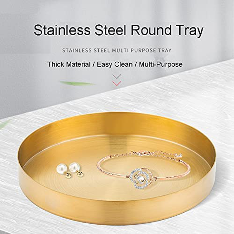 Decorative Round Tray Plate, Gold Jewelry Dish, Makeup Tray Organizer for Vanity, Bathroom, Dresser, Serving Tray for Drink, Breakfast, Tea, Dinner, Beautiful Metal Stainless Steel Tray (S-5 inch)