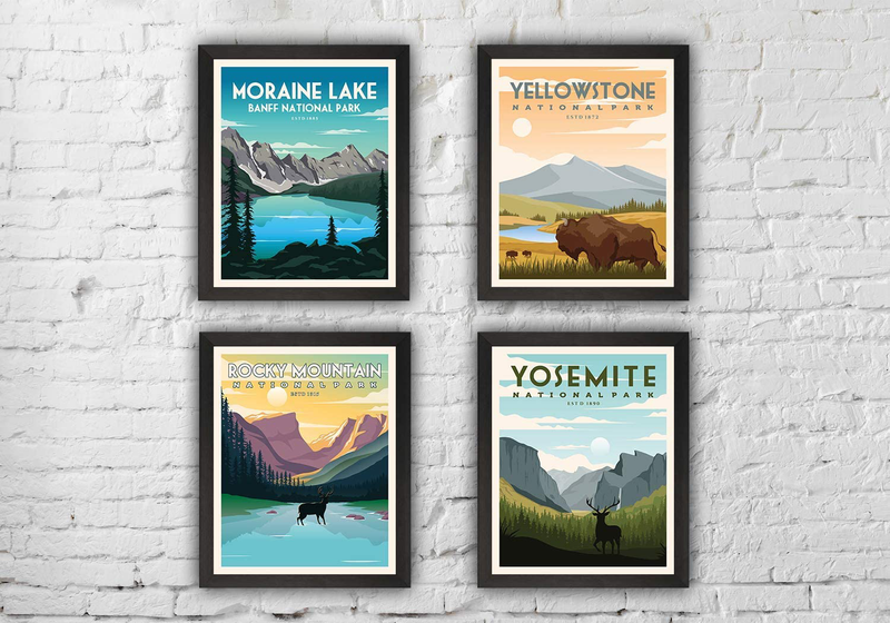 National Parks Vintage Posters & Prints | Set of 4 (11inches x 14 inches) Mountain Wall Art Decor Poster | Nature Mountain Art Decor | Moraine Lake Banff Yellowstone Yosemite Rocky Mountain National Parks Print (UNFRAMED)