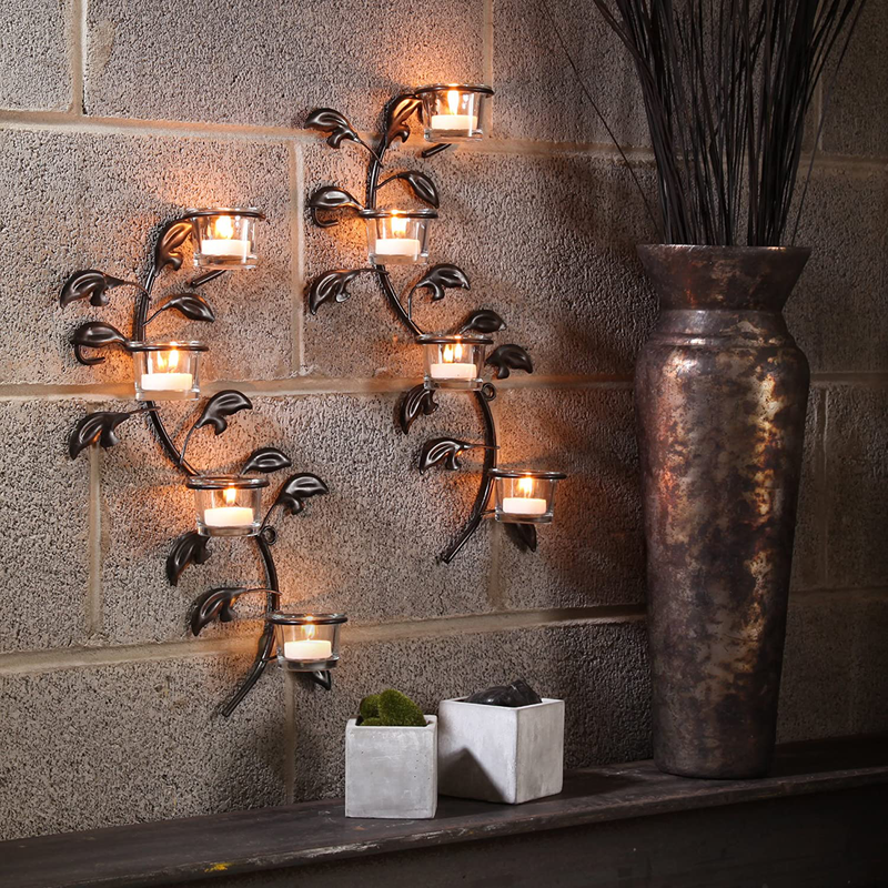 Hosley Leaf Wall Art Candle Holder Wall Sconce Plaque Set of 2 Tealight Holder 16 Inch High Includes Tealights Ideal Gift for Home Spa Meditation Farmhouse Party Wedding LED Wall Decor P9 Home & Garden > Decor > Home Fragrance Accessories > Candle Holders Hosley   