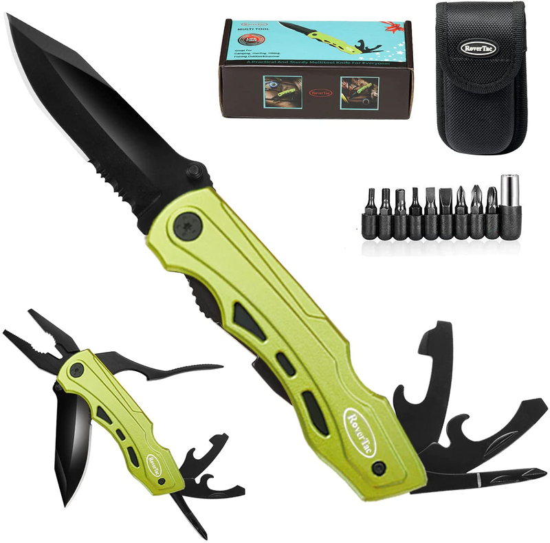 Rovertac Pocket Knife Folding Multitool Knife Christmas Gifts for Men Pliers Screwdriver Bottle Opener Liner Lock Durable Sheath Perfect for Camping Fishing Hiking Adventuring Sporting Goods > Outdoor Recreation > Camping & Hiking > Camping Tools RoverTac Green  