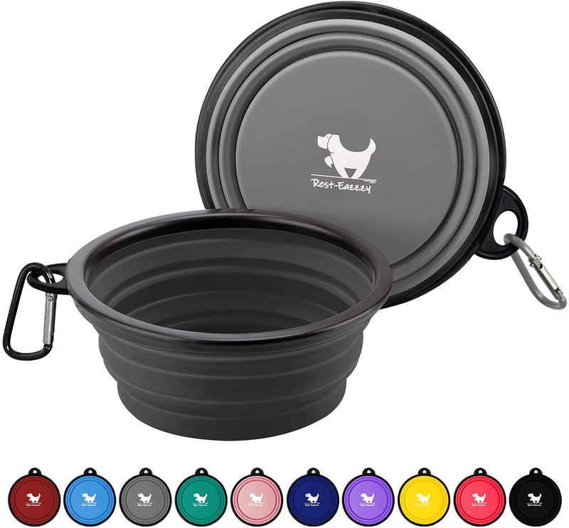 Rest-Eazzzy Expandable Dog Bowls for Travel, 2-Pack Dog Portable Water Bowl for Dogs Cats Pet Foldable Feeding Watering Dish for Traveling Camping Walking with 2 Carabiners, BPA Free  Rest-Eazzzy grey&black Medium 