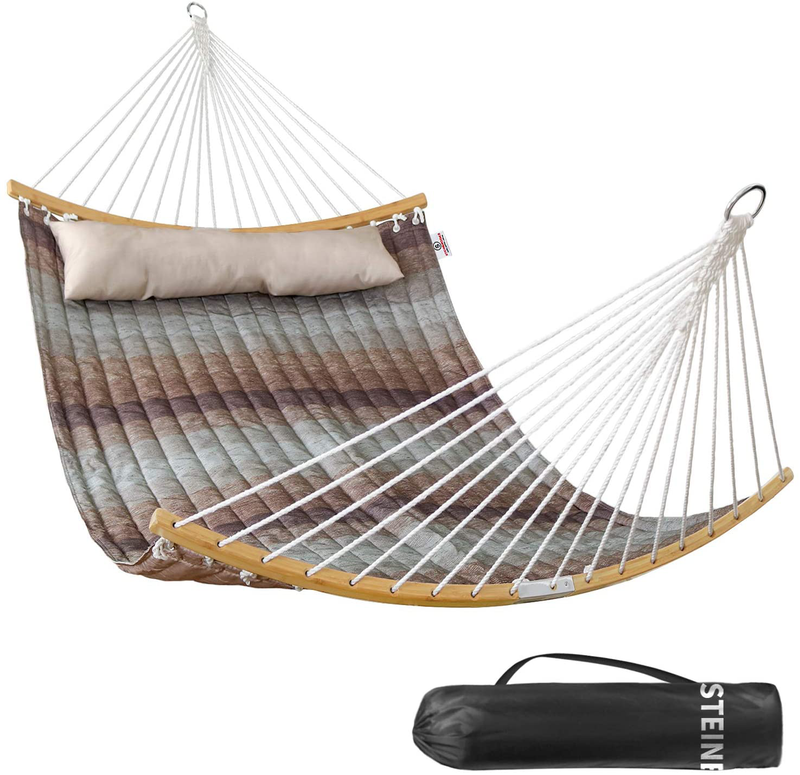 Large 2 Person 11FT Double Hammock Quilted Fabric Swing with Foldable Curved Bamboo Bar & Detachable Pillow & Carrying Bag - 75" x 55" Heavy Duty 450lbs Capacity for Indoor and Outdoor - Havana Brown Home & Garden > Lawn & Garden > Outdoor Living > Hammocks Bathonly Cb-woodrow  